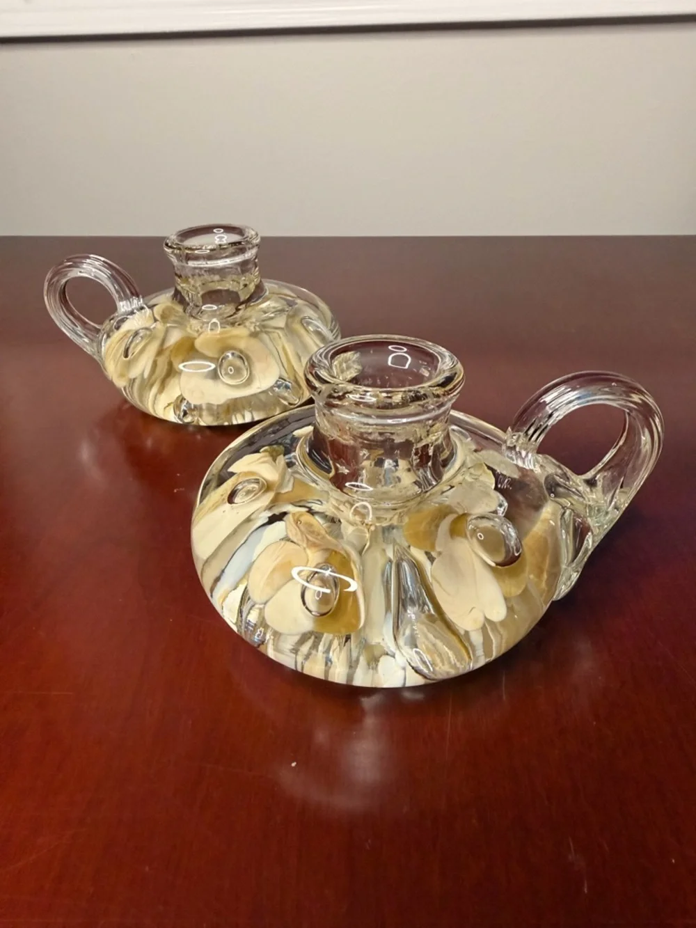 Vintage Joe St Clair Art Glass Candle Holders White/Yellow Flower Set of 2